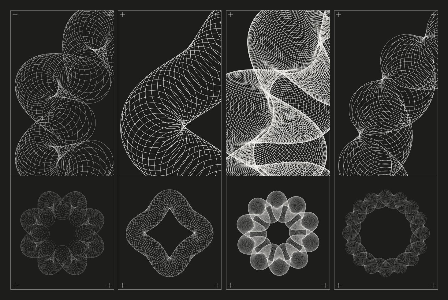 Set of 8 black and white geometric wireframe designs, perfect for 3D mockups, graphic backgrounds, or digital art templates.