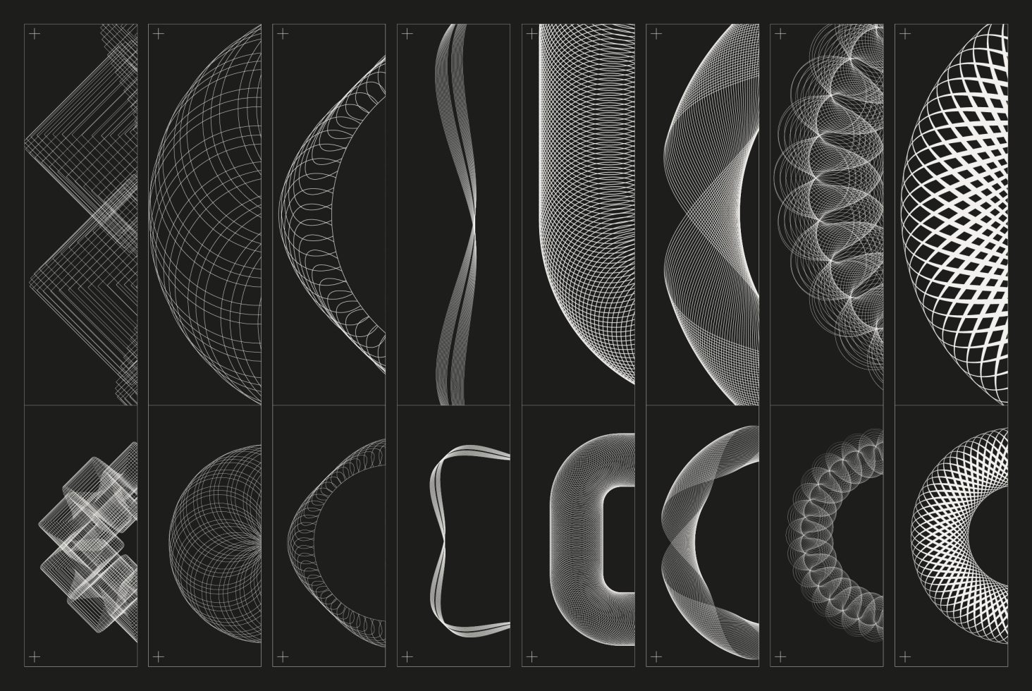 Collection of abstract geometric line art designs on black background for creative graphics and templates.