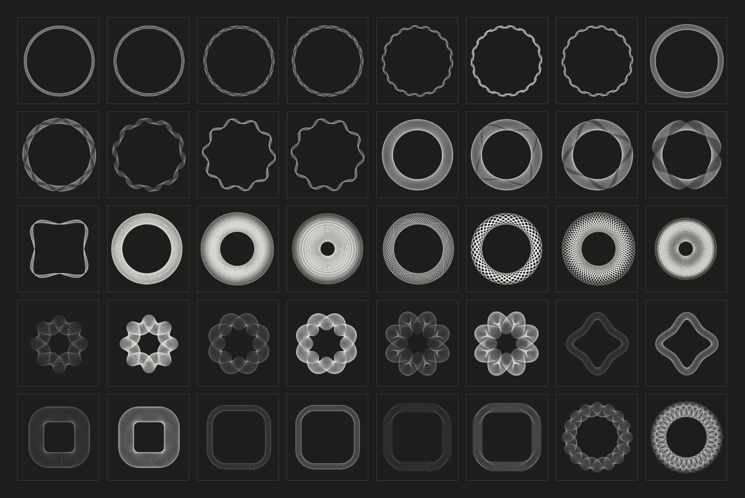 Collection of black and white geometric shapes for design, featuring circles, stars, and polygons, vector graphics set for templates.