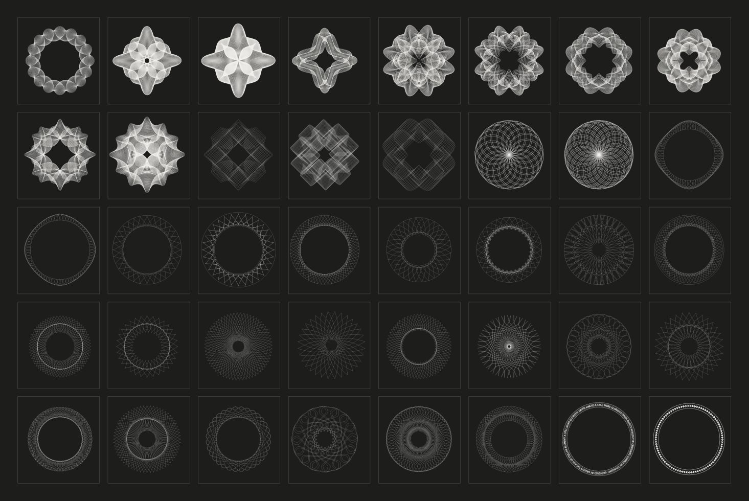 Graphic design vector set with assorted white geometric shapes on black background, abstract circular patterns, elements for creative projects.