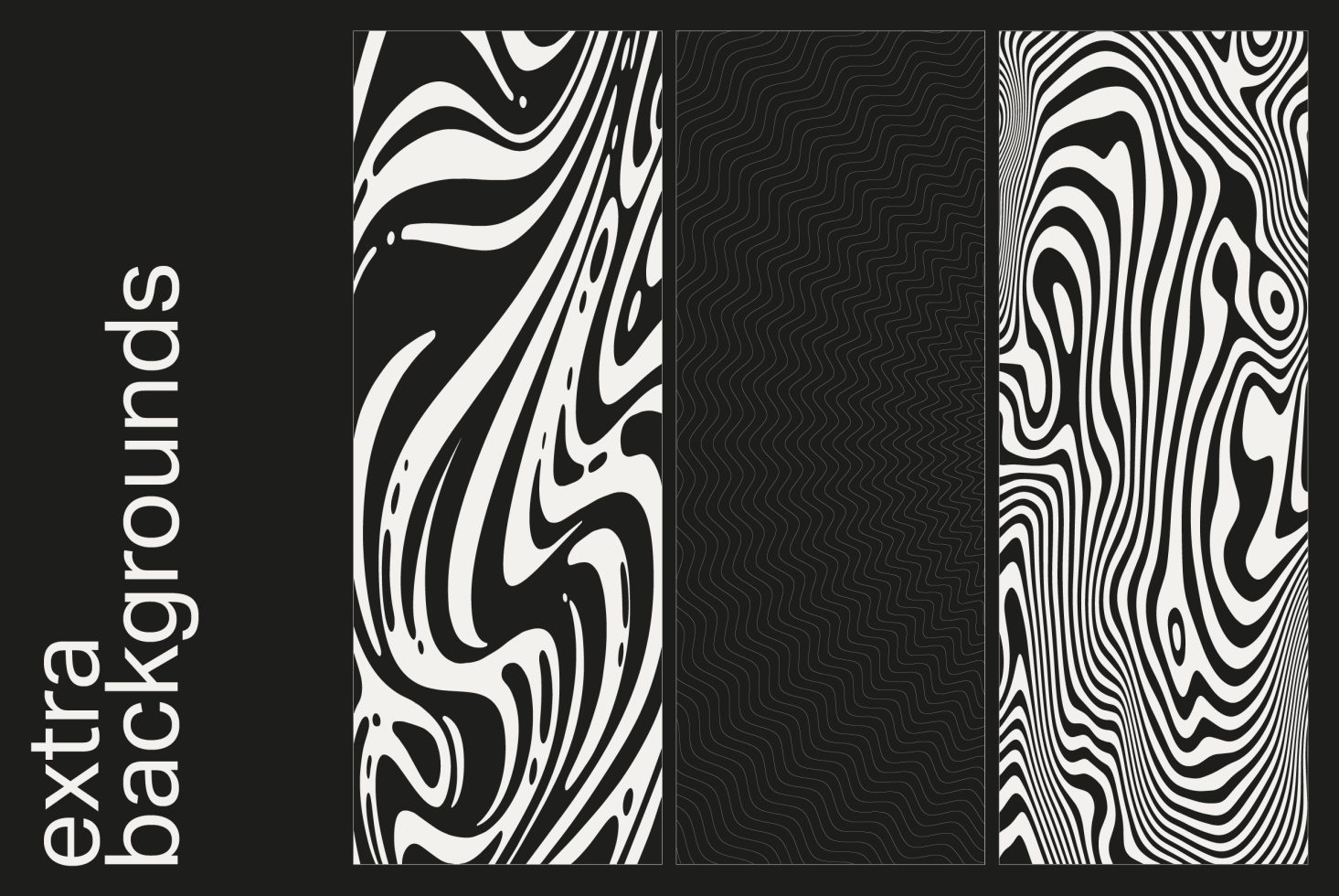 Four modern abstract black and white background designs with dynamic wavy and swirl patterns, suitable for graphic design and web templates.