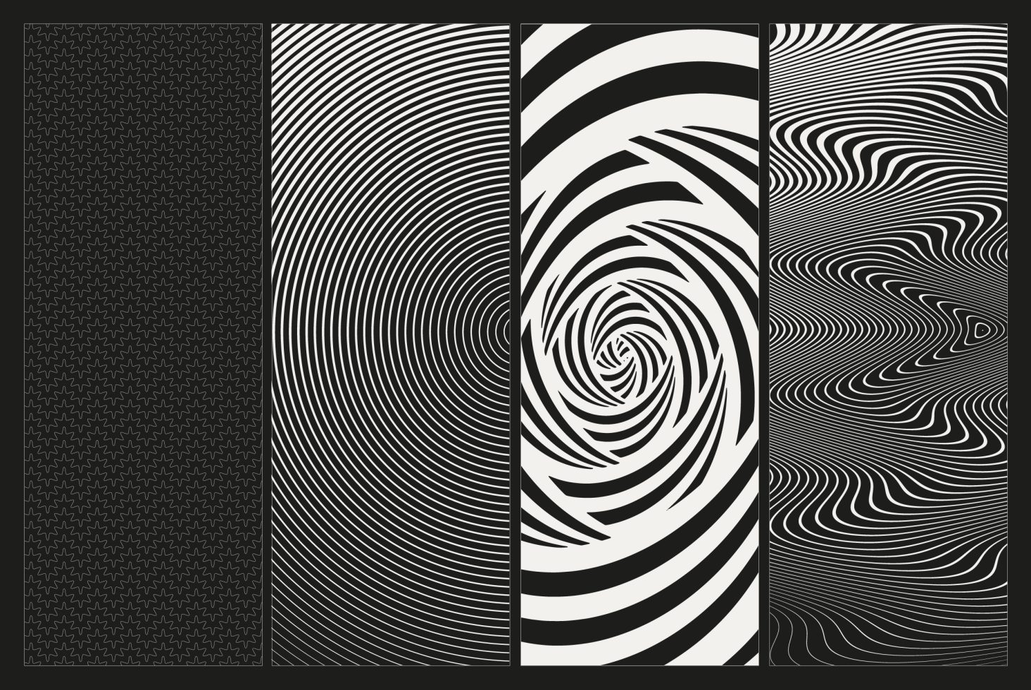 Black and white abstract patterns design pack with geometric lines, spirals, and waves, perfect for graphics category in a digital asset marketplace.