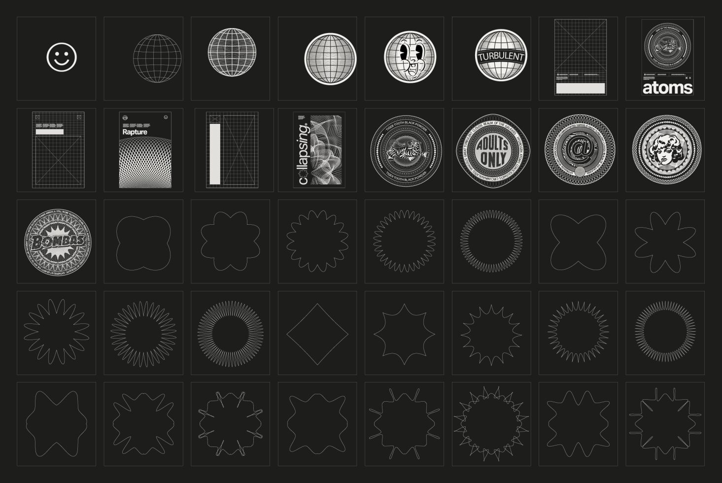 Collection of black and white vector shapes for graphic design, featuring geometric, abstract, and floral elements for logos, mockups, or templates.