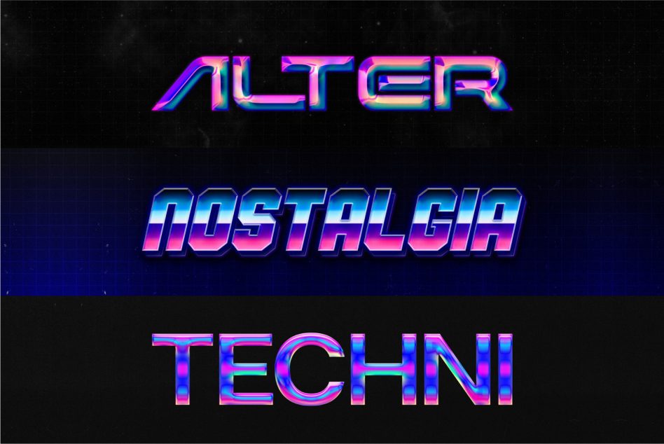 Retro-style 80s neon font design with gradient and glitch effect, suitable for graphics and templates, cyberpunk aesthetic.