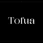 Elegant serif font design preview with the word Tofua in white on a black background, suitable for logos and branding projects.