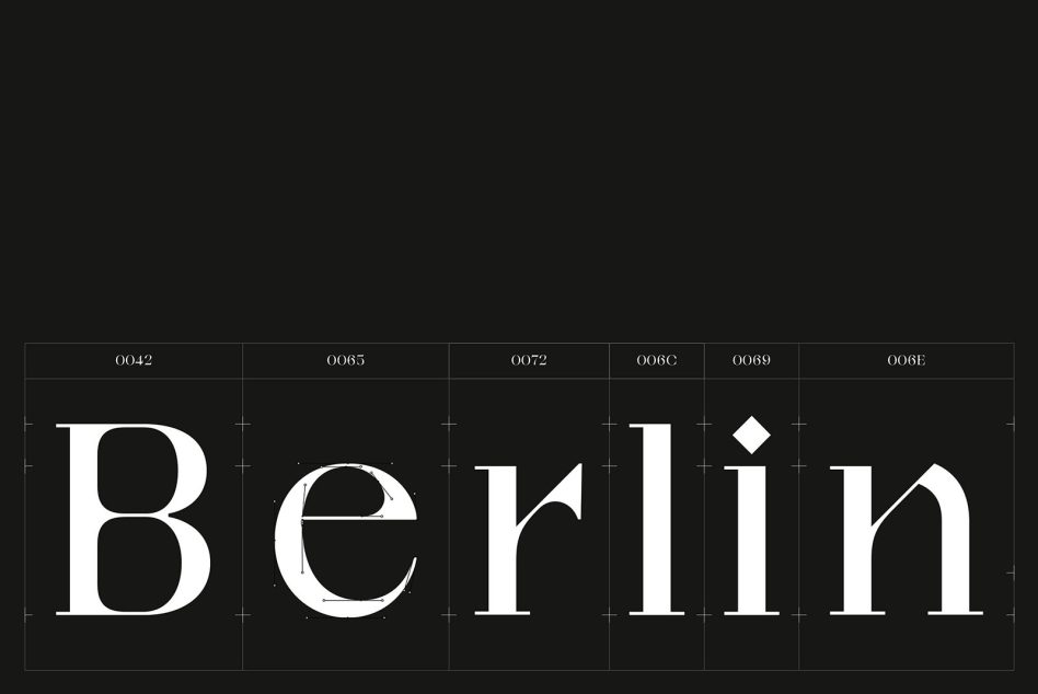 Berlin typeface character grid showing unicode symbols with codes