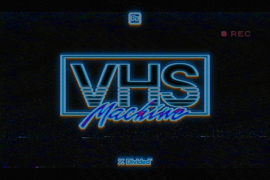 VHS Arcade neon sign in blue box frame with recording indicator