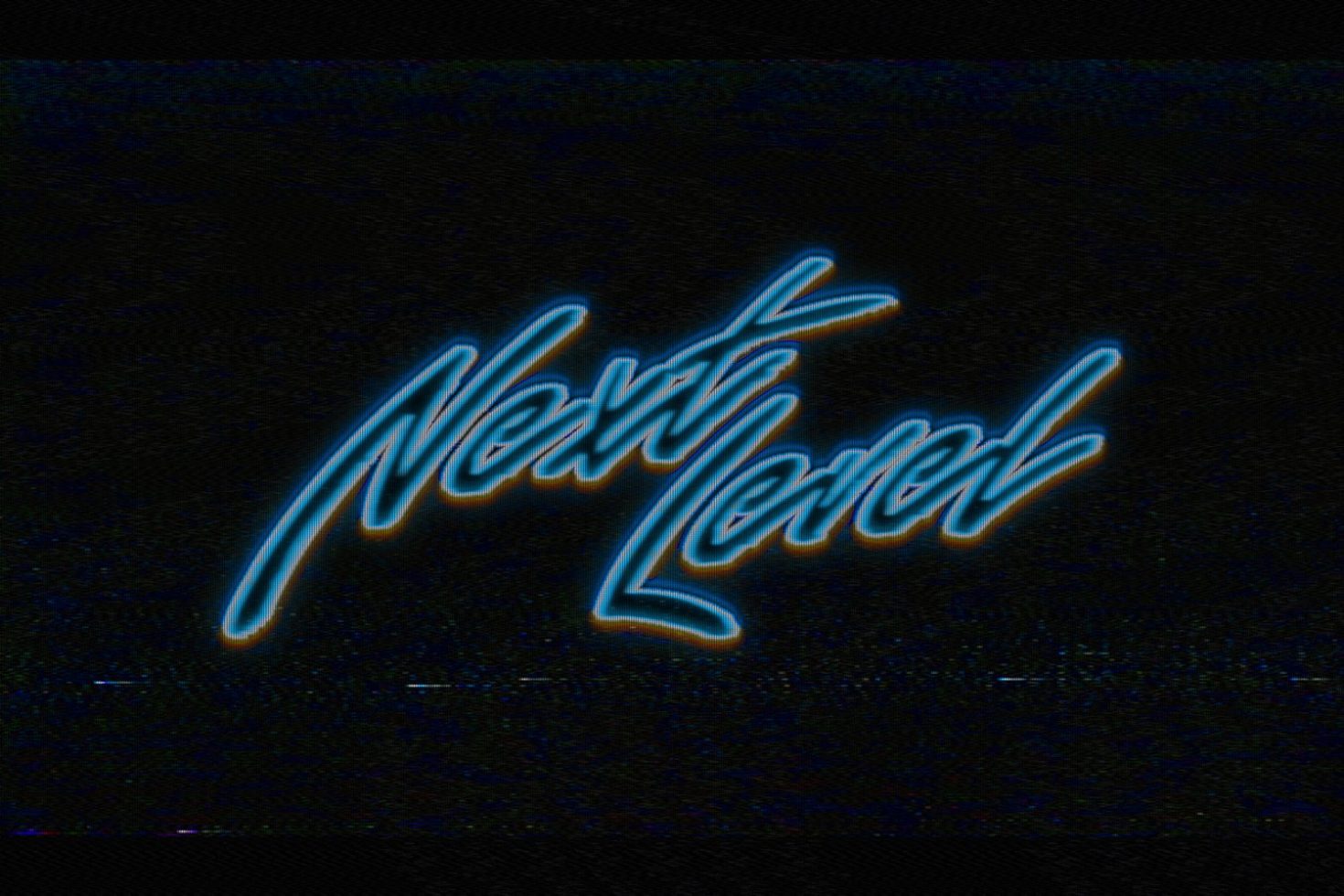 Retro neon script font with glitch effect on dark background, perfect for graphics and templates related to music, tech, and nostalgia.