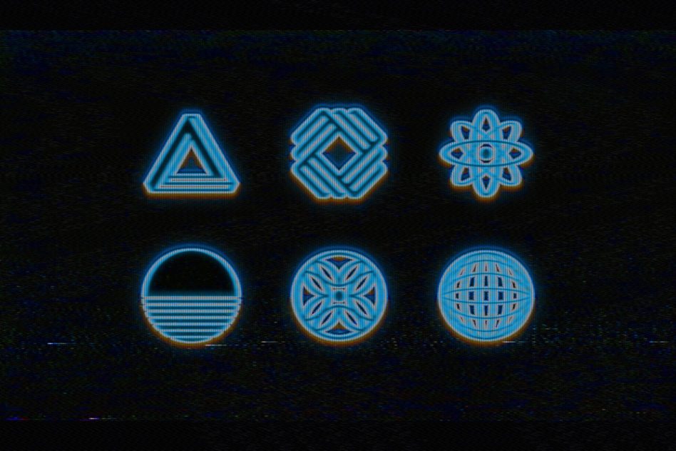 Six neon geometric icons triangle square flower shapes with glitch lines