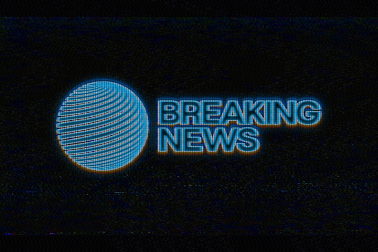 Breaking news graphic with vibrant blue text and globe icon, distorted glitch effect, dark background, ideal for video motion graphics template.