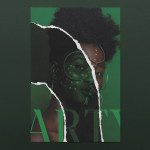 Creative poster mockup design with a torn paper effect revealing a portrait of a woman overlaid with green tone and typography graphics.