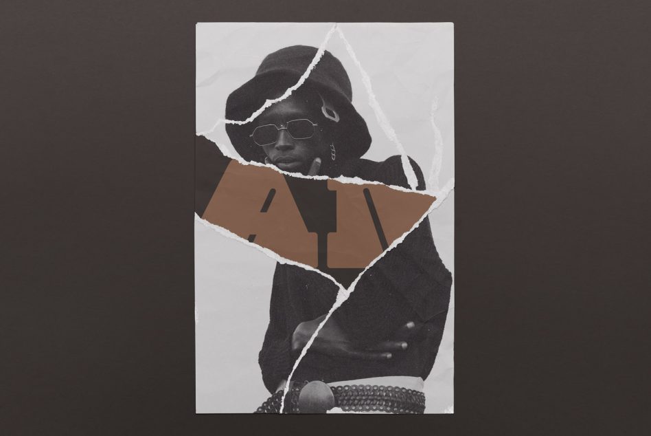 Portrait mockup with ripped paper overlay revealing colored geometric cutout