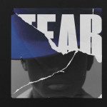 Torn paper graphic design with bold typography "FEAR" over a monochrome portrait, conveying emotion, suitable for mockup, font, and template design.