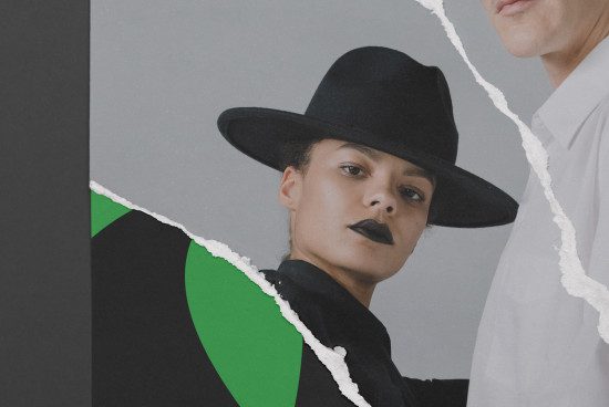 Stylish modern fashion portrait with bold makeup and hat, ideal for design and mockups, showcasing avant-garde aesthetic and creativity.