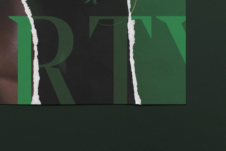 Green and black torn paper collage with large letters partially visible suitable for graphic design templates showcasing textured paper mockups for designers.