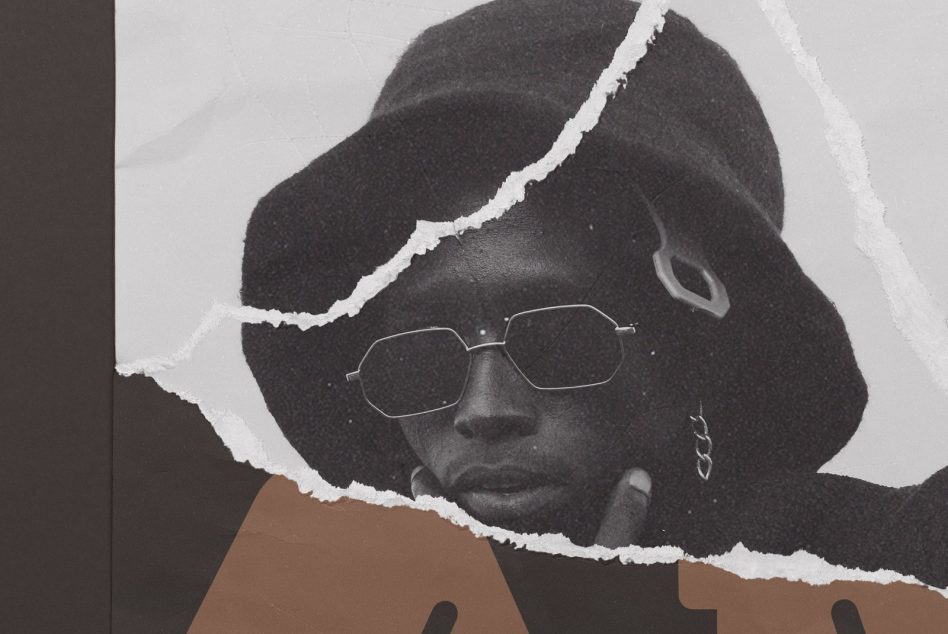 Black white photo collage of person with glasses, torn paper ripped effect