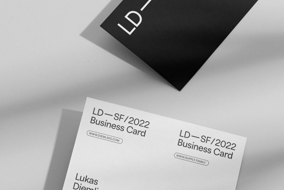 Monochrome business card design mockup with minimalistic style featuring clean typography, suitable for branding and identity projects for designers.