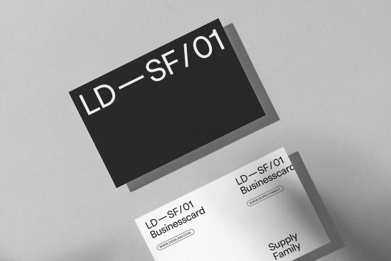 Business card mockup with black and white design elements on textured paper, suitable for presenting branding projects for designers.
