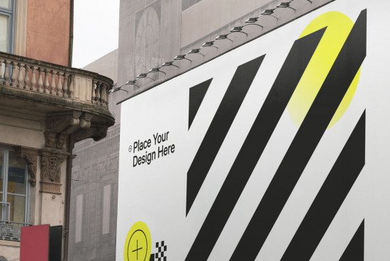 Urban billboard mockup on a building wall with editable design space and placeholder text, ideal for outdoor advertising graphics display.
