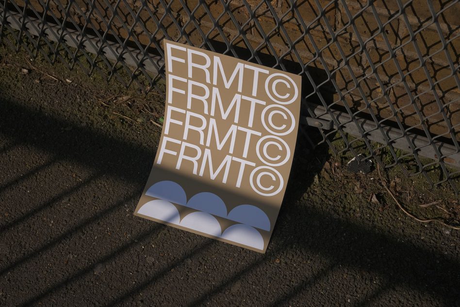 Stylish poster mockup lying against a fence casting shadows, featuring bold typography and geometric shapes, ideal for graphic design showcase.