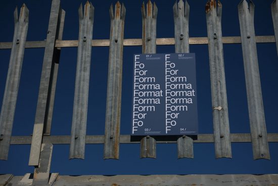 Alt: Typography showcase with various fonts on a poster behind a metal fence under a clear blue sky, ideal for Graphic Design inspiration.