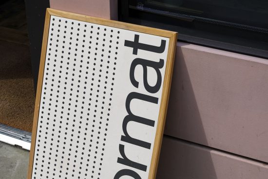 Outdoor signboard mockup with dot pattern and bold typography leaning against a wall, showcasing font and design presentation.