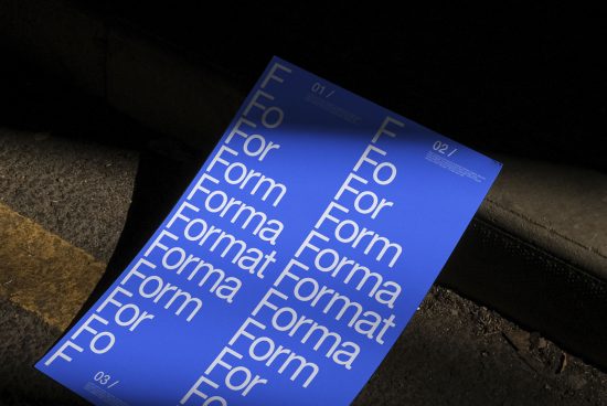 Blue typographic poster mockup with repeated word 'Form' in various sizes, displayed in urban setting for graphic design presentations.