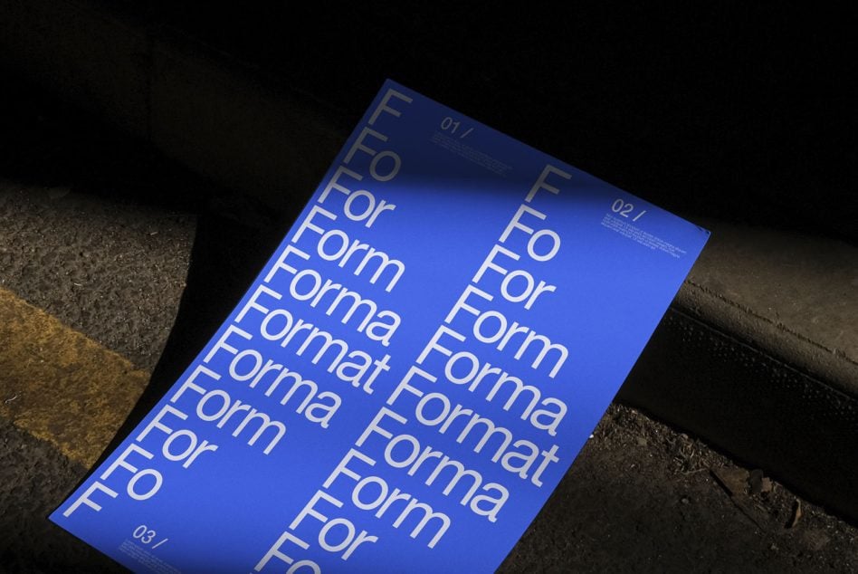 Bright blue booklet cover shot at angle showing repeated For Form Forma Format type