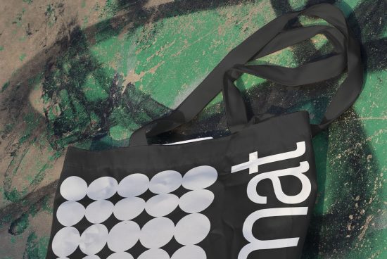 Black tote bag mockup with white geometric pattern on textured background, ideal for showcasing branding designs.