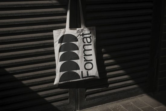 Tote bag mockup hanging on a dark wall with dramatic lighting, showcasing bold typography design, ideal for presentations and branding.