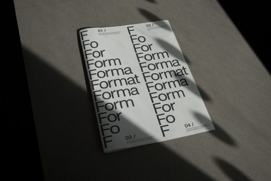 Elegant typographic magazine mockup with dynamic shadows for presenting font and layout designs to potential clients.