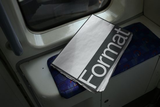 Magazine mockup on train seat, urban setting, realistic lighting, ideal for presentation, modern font showcase, designer template, editable graphic.