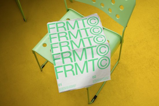 Printed poster mockup on a green chair against a yellow floor, showcasing modern typography design for graphic presentation.