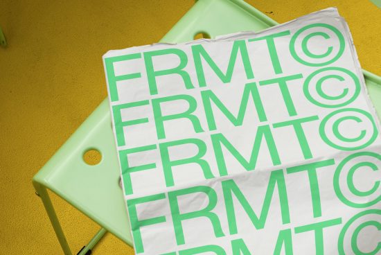 Bold green typographic design on paper with abstract letters, placed over a mint chair on a yellow background, ideal for Fonts category.