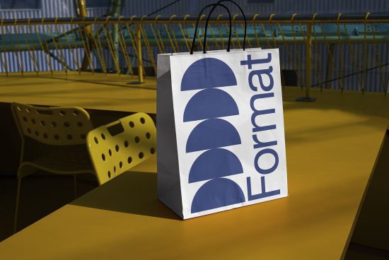 Paper bag mockup on a yellow table with urban background, showcasing print design, realistic shadows, perfect for product presentations.
