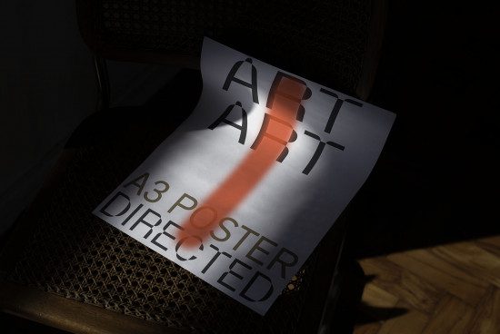 Artistic A3 poster mockup with dramatic lighting on chair, ideal for presentations, graphic design displays, and portfolio showcase.