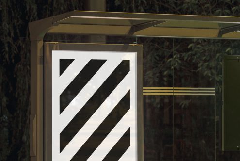 Outdoor bus stop advertisement mockup at night with lit diogonal stripes graphic design, showcasing display clarity for designers.