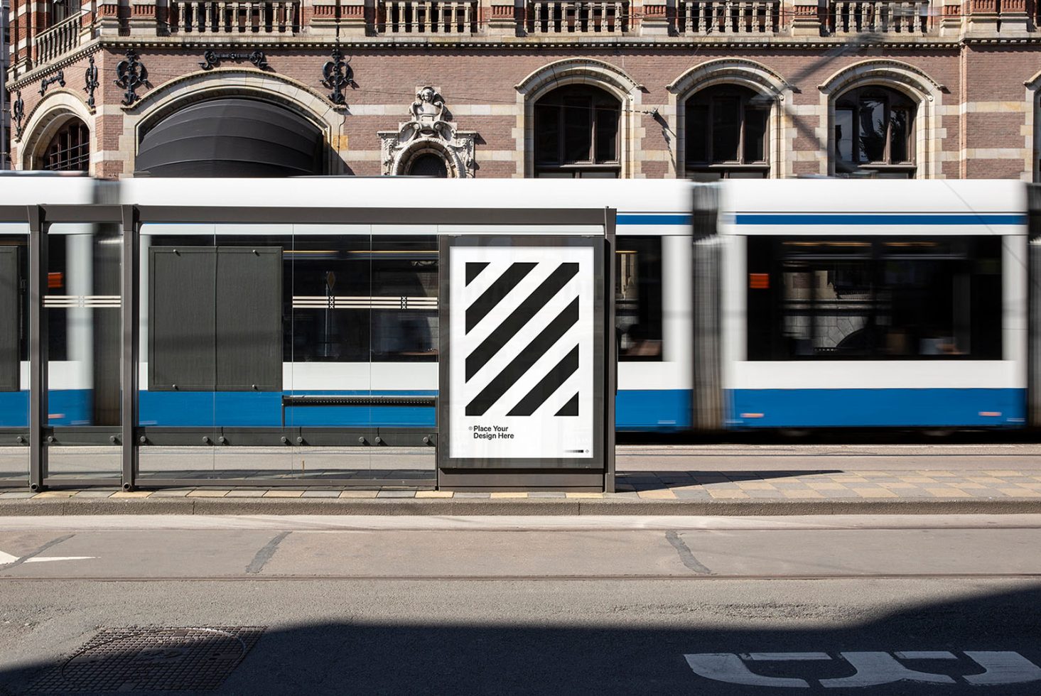 Urban outdoor billboard mockup with a tram in motion, showcasing editable advertising space for graphic designers and marketers.