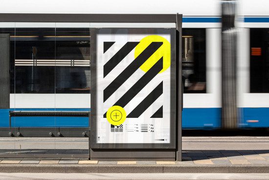 Outdoor advertising mockup of bus stop with moving tram, showcasing bold graphic poster design with yellow accent for urban environment.
