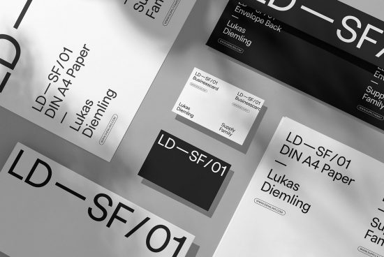 Monochrome branding mockup set featuring business cards, envelope, and A4 paper with modern typography, ideal for presenting corporate identity designs.