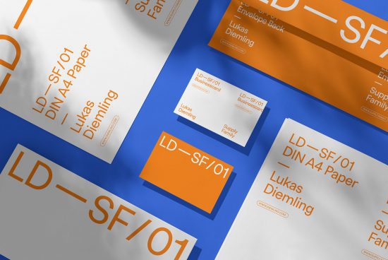 Orange and blue branding stationery mockup with business cards and A4 paper featuring clean design for graphic designers' presentations.
