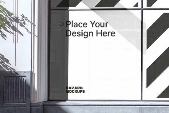 Urban storefront mockup with blank billboard for design presentation, modern city setting with shadows, ideal for posters and advertising graphics.