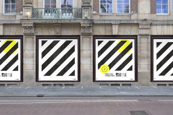 Street poster mockup display for outdoor advertising in urban environment, customizable design presentation tool, realistic template for designers.