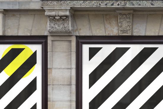 Architectural mockup texture with classical detailing and modern striped graphics for facade design, showcasing contrast in design elements.