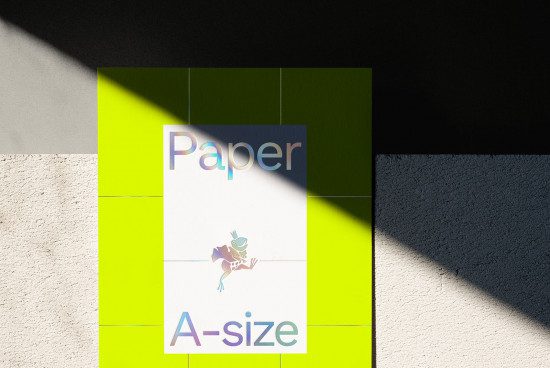 Graphic design mockup featuring paper poster A-size with stylized text and a whimsical frog illustration in playful light and shadow interplay.