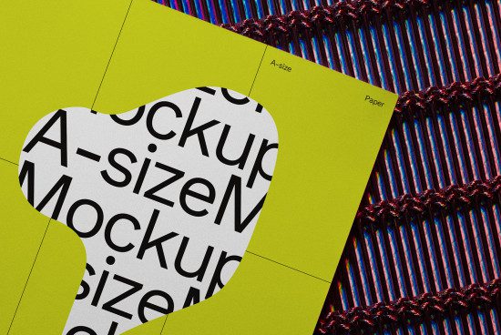 Vibrant A-size paper mockup with neon green overlay for graphic design, showcasing modern typography, perfect for digital asset marketplace.