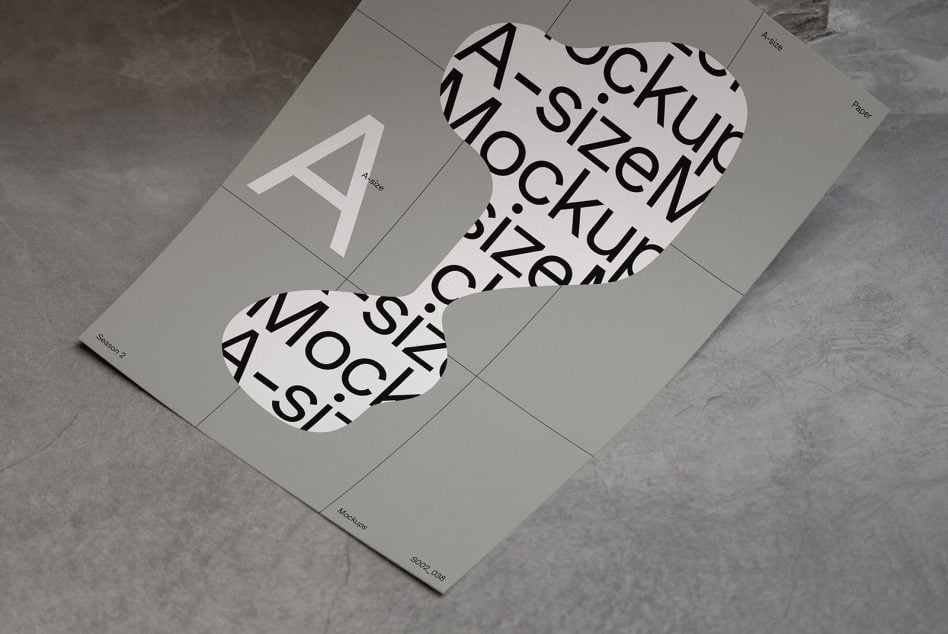 Folded gray A-size mockup displayed on concrete surface overhead