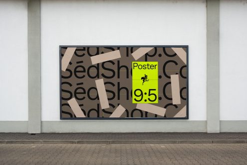 Billboard mockup on building exterior with taped poster design, realistic urban setting for graphic display, advertising presentation, 9:5 ratio.