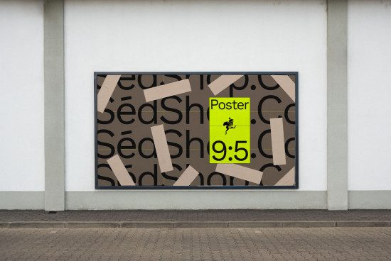 Billboard mockup on building exterior with taped poster design, realistic urban setting for graphic display, advertising presentation, 9:5 ratio.