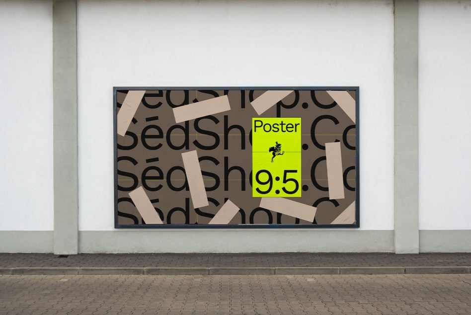 9:5 poster mockup on street wall with repeating typography, neon label